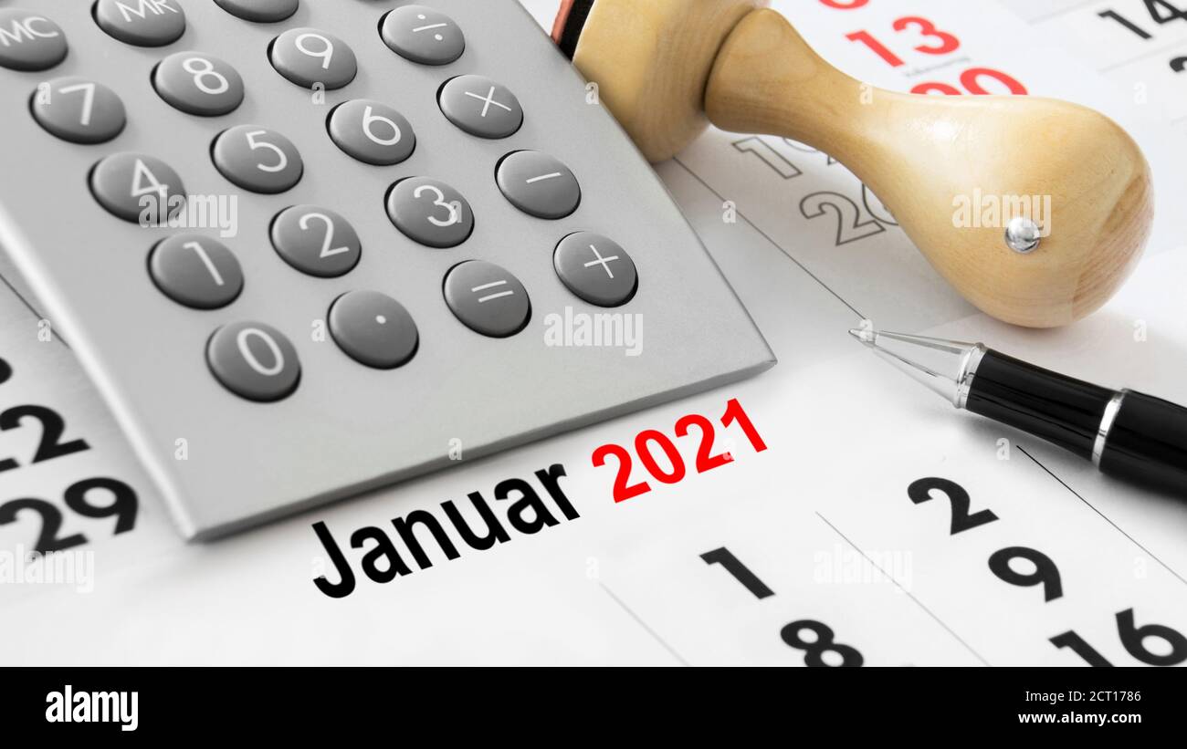 Calendar and calculator Januar 2021 Stock Photo