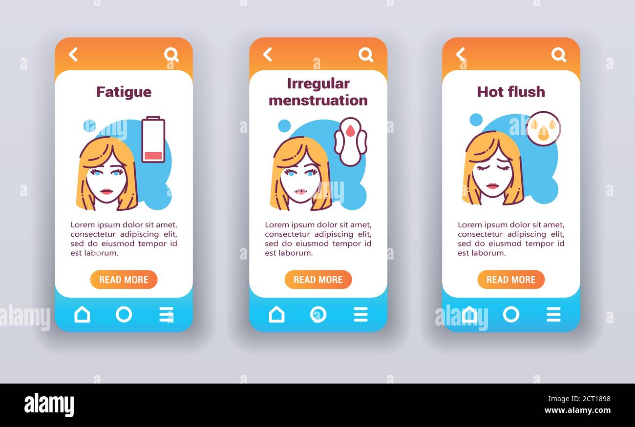 Menopausal symptoms on mobile app onboarding screens. Stock Vector