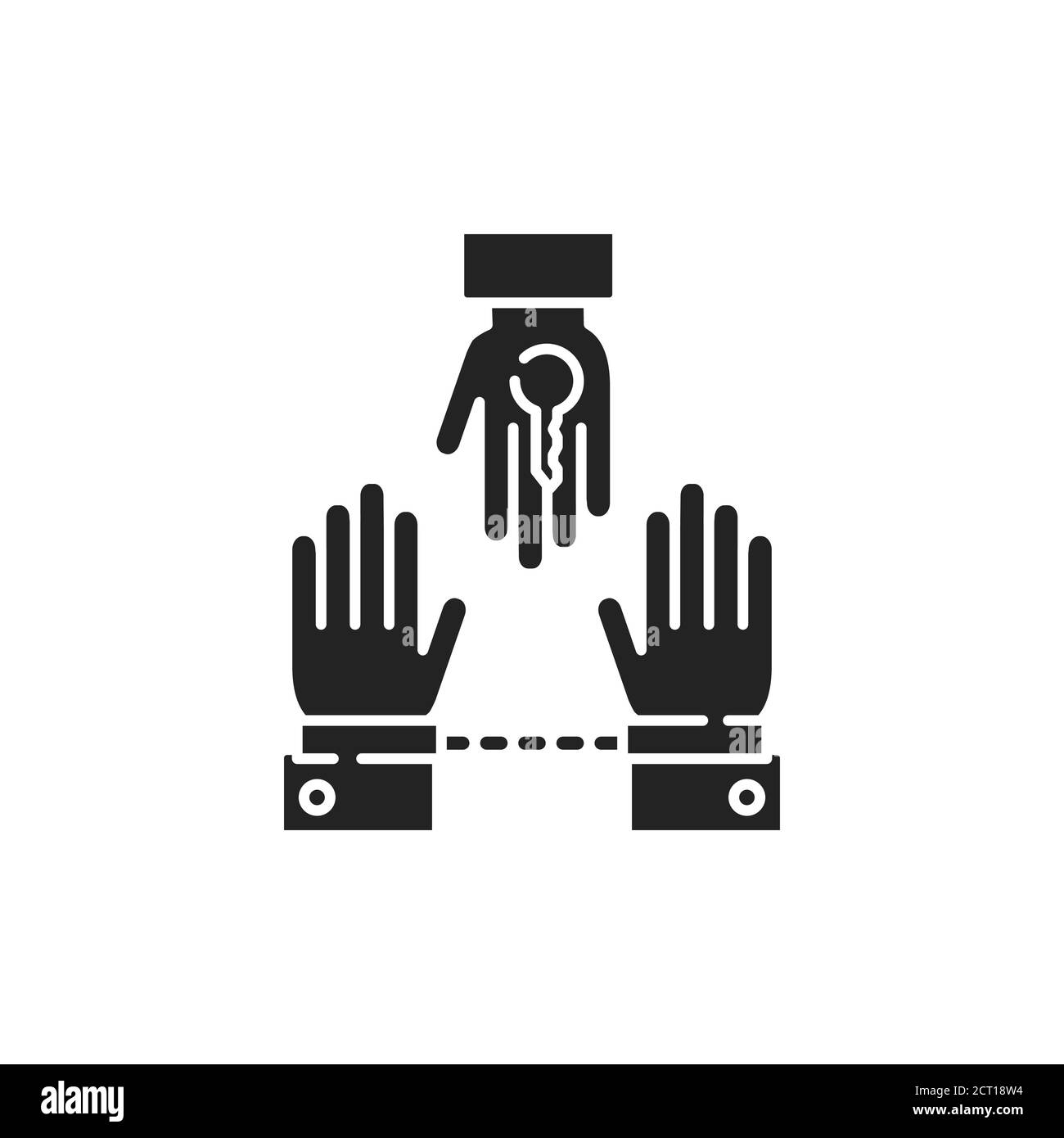 Criminal court glyph black icon. Judicial verdict innocent. Convicted man in handcuffs concept. Law justice. Sign for web page, mobile app, button Stock Vector