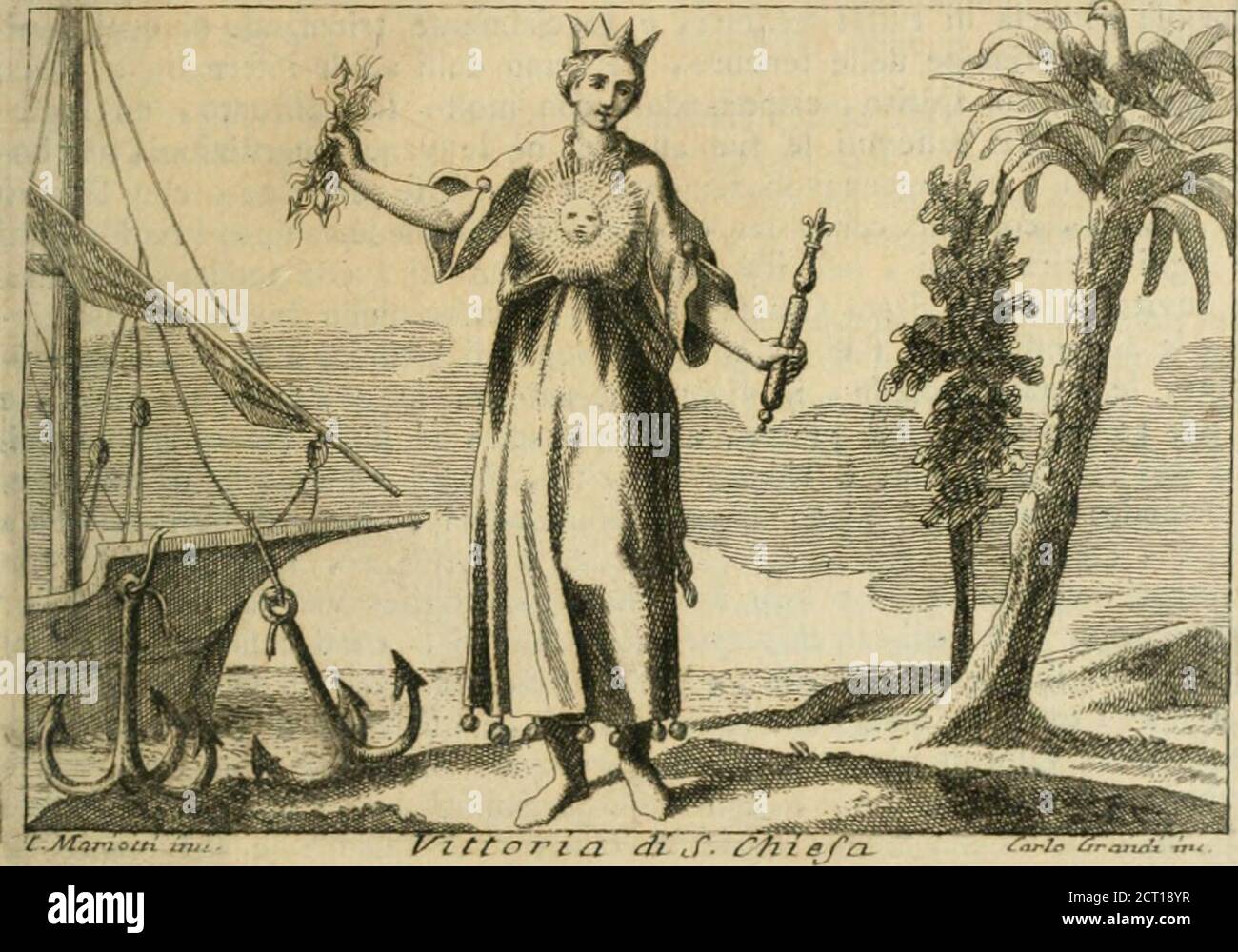 . Iconologia . VITTO- TOMO EVINTO, i9l TI T TORTA DI SANTA CHIESA.Del Tadre Srt Vincenzio I{icci M. o .. DOnna di beliafpetto vertita di porpora, al cui lembo vi fino alcuniCiinpanjlli, e mele^rane dipinci. Eoronata . Tiene una collana arric-chita di diaininti, e ziffìri, N«;l petto avri un fulgido Sole. In una ma-no uno fcettro , e nell altra un fulmine . Le fta appreffo una Nave condue Ancjre, un albero di alloro, ed uno di palma, fui quale vi è un*Aquila . Sinta Ciicfa Cattolica , che altro non fuona , che congregazione , o unio-ne di Fed-;li, fond;ita,e lìabilira d.il noitro Sil^^atorc G.- Stock Photo