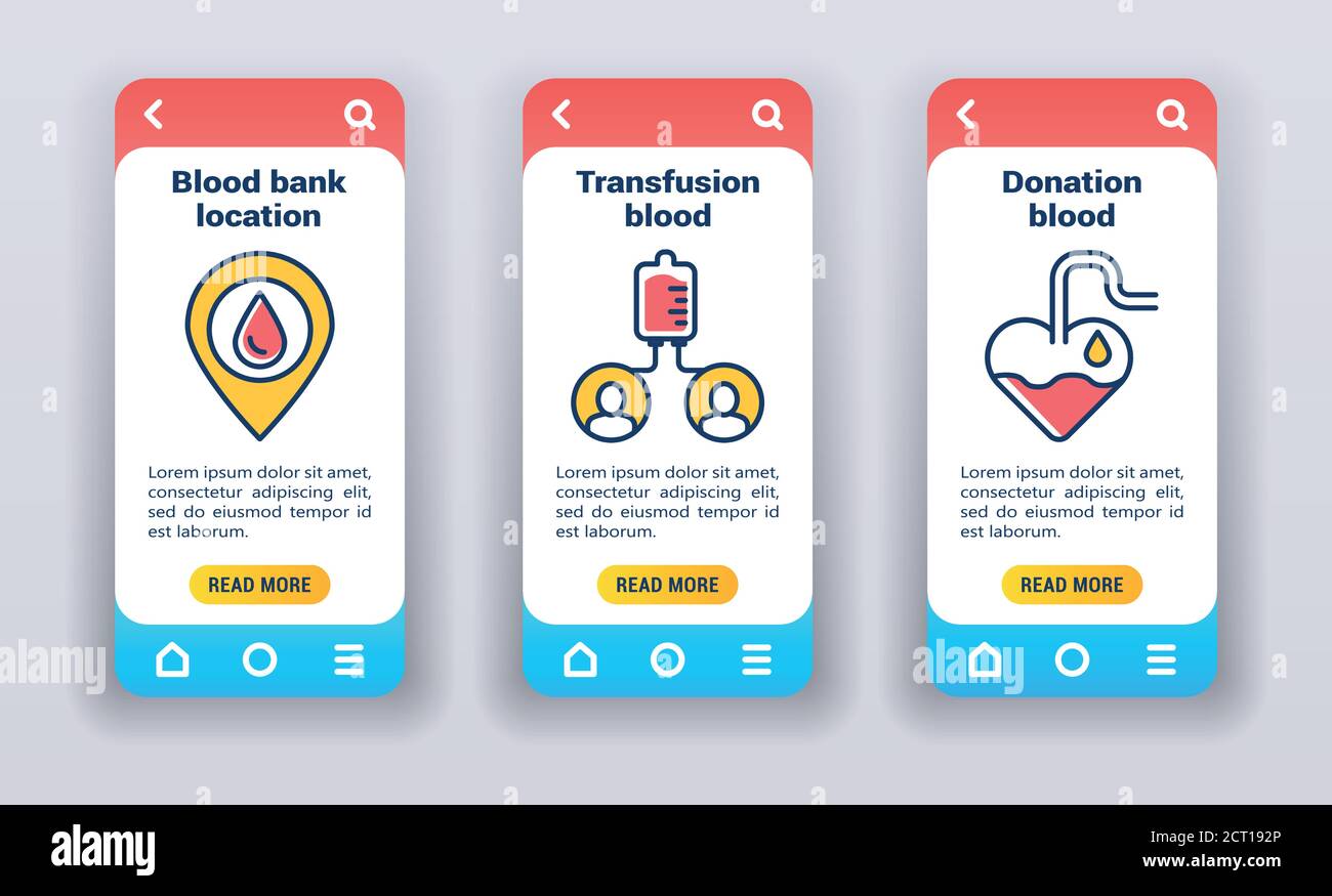 Blood bank on mobile app onboarding screens. Donorship Stock Vector ...