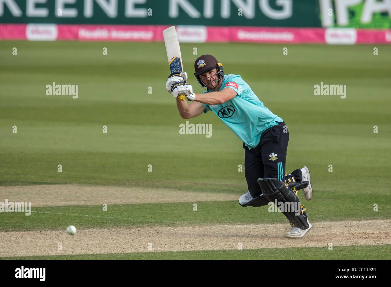 London, UK. 20 September, 2020. Laurie Evans batting as Surrey take on Kent in the Vitality T20 Blast match at the Kia Oval. The match was played in an empty stadium due to Covid-19 restrictions. David Rowe/Alamy Live News Stock Photo