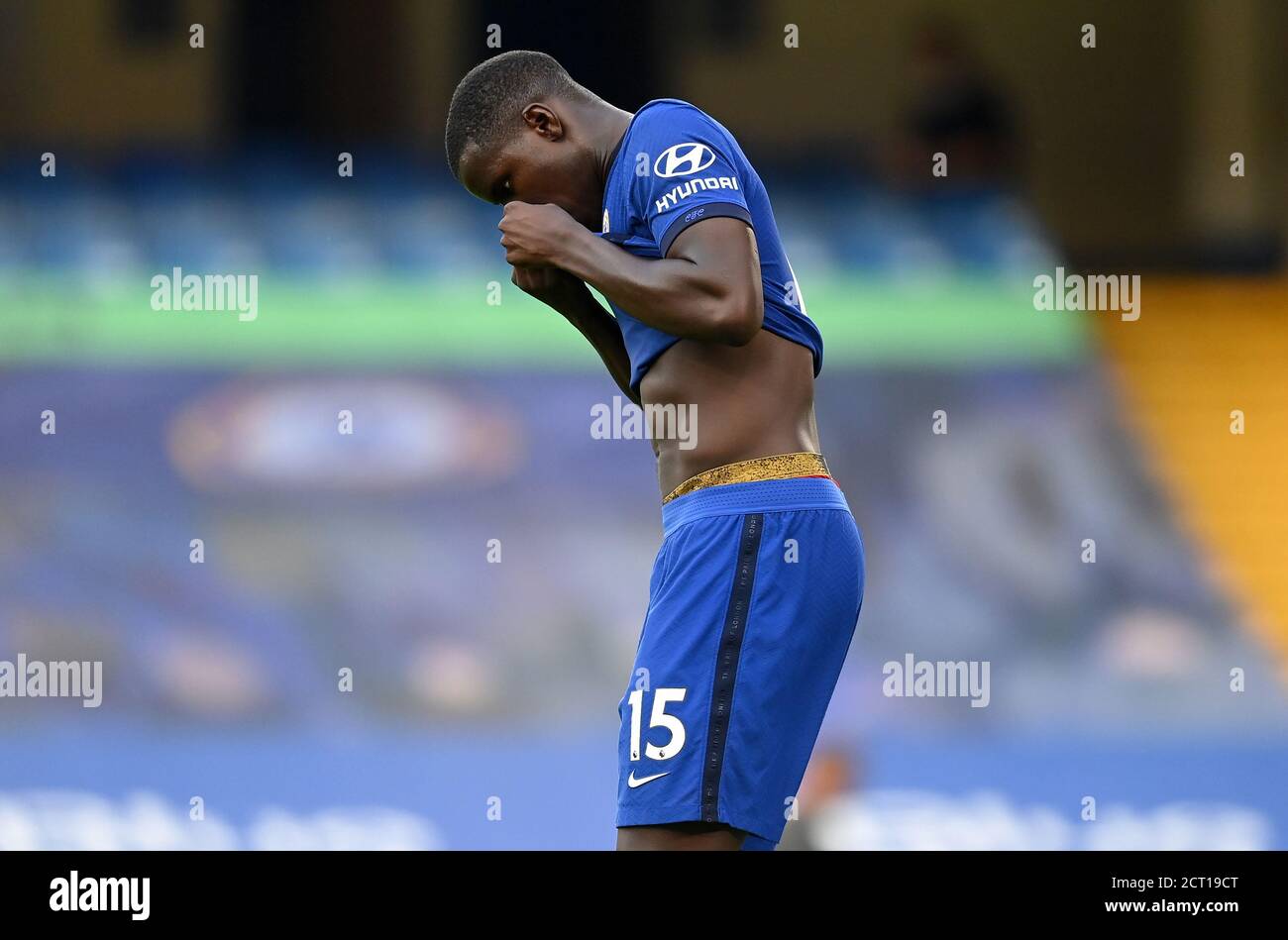 Chelsea's Kurt Zouma appears frustrated after the final whistle during the Premier League match at Stamford Bridge, London. Stock Photo