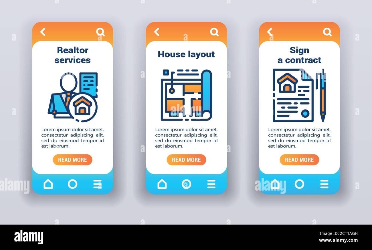 Real estate on mobile app onboarding screens. Banners for website and ...