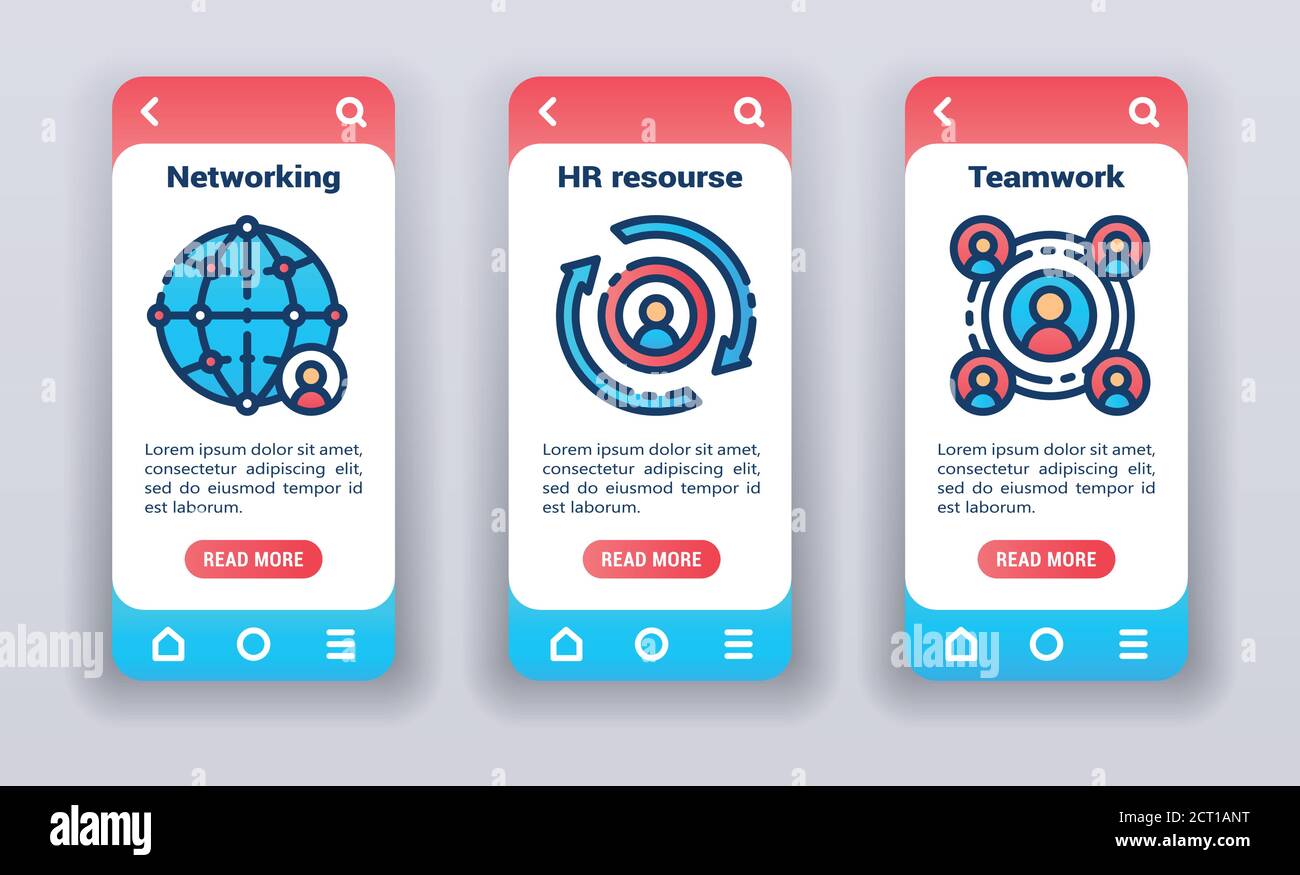 Human resource on mobile app onboarding screens. Flat icons, networking