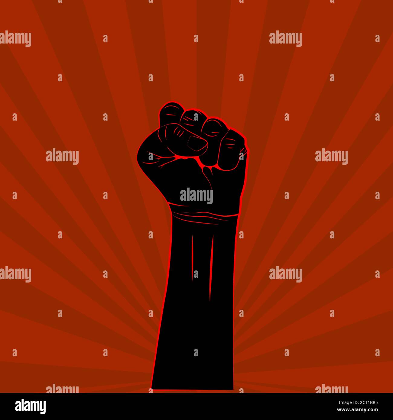 Black hand with fist raised up on red background protest or revolution poster. Vector Stock Vector