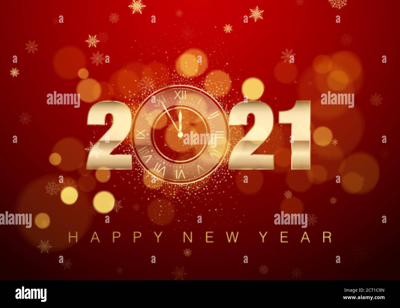 2021 New Year Poster with Greeting Text. Golden Clock instead of zero. Holiday midnight countdown in Red Colors. Vector illustration Stock Vector