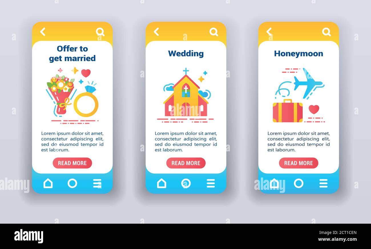 Marriage on mobile app onboarding screens. UI UX GUI template Stock