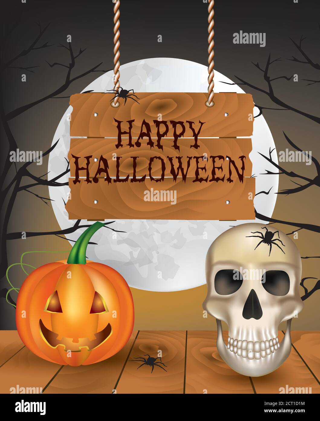 Halloween scene with pumpkin and skull on the table, vector Stock Vector