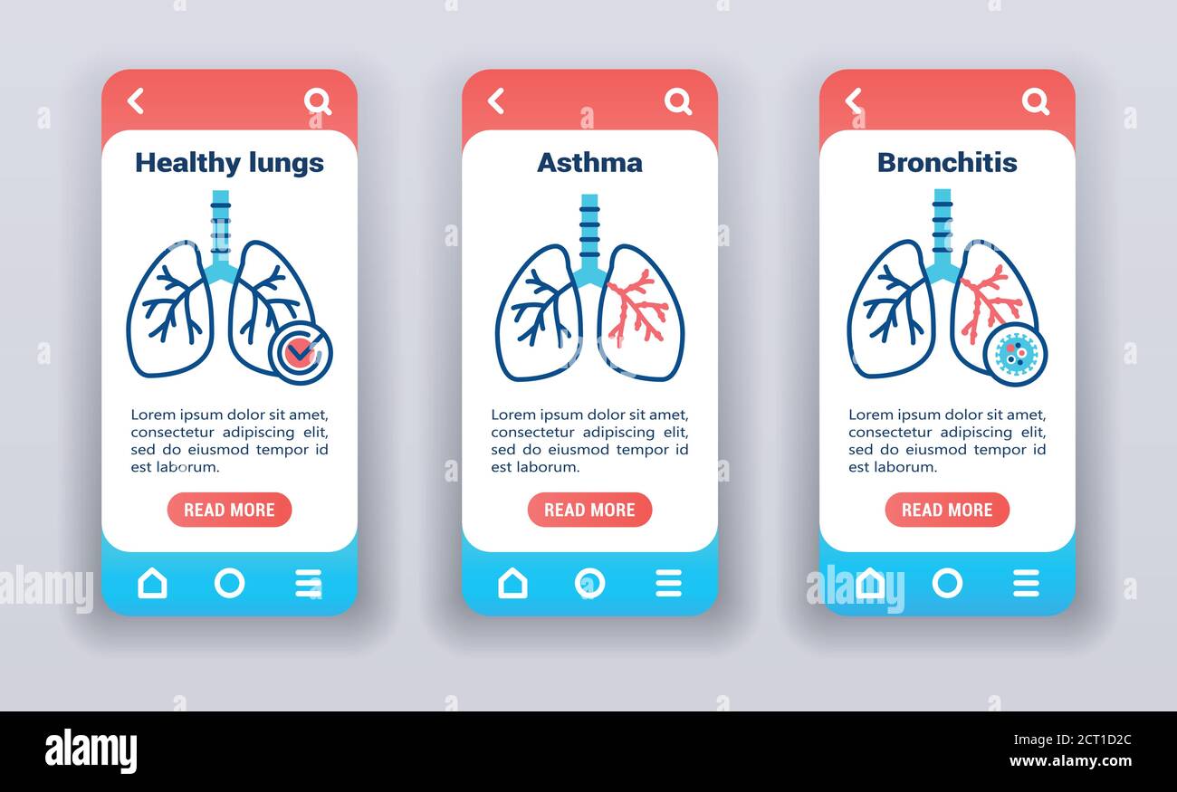 Lung disease on mobile app onboarding screens. Stock Vector