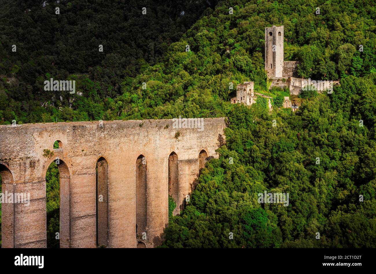 Ancient medieval Ponte delle Torri (Tower Bridge) ruins in Spoleto among woods Stock Photo