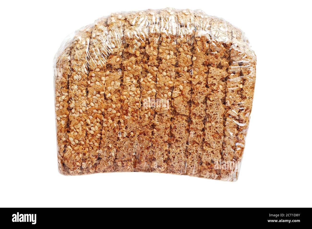 Closeup of whole grain sliced bread with sesame wrapped in clingfilm isolated on white Stock Photo