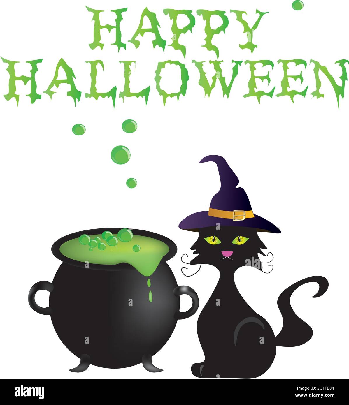 Happy Halloween card with cauldron and cat , vector Stock Vector