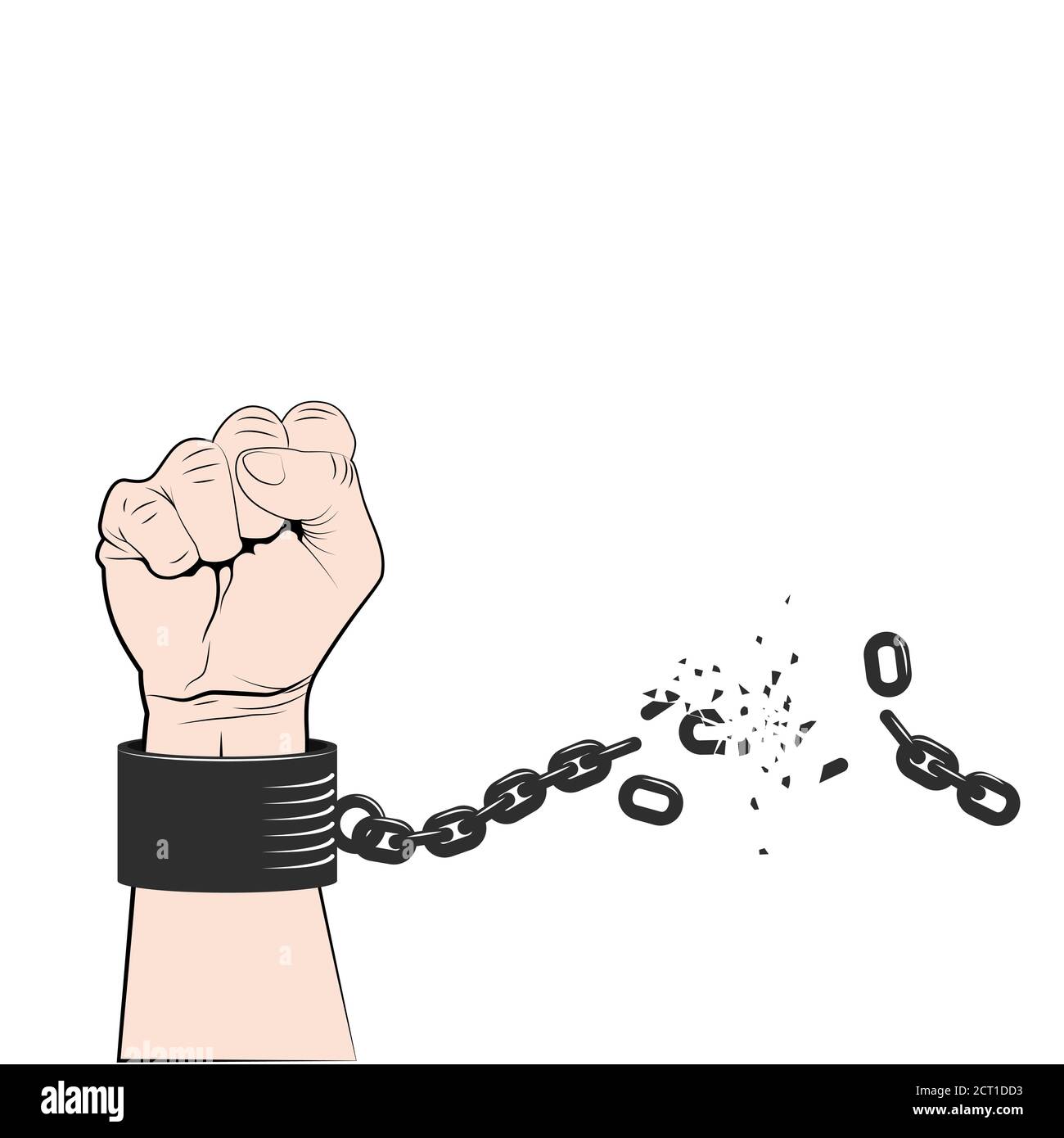 Hand clenched into fist with tearing chain or fetter. Symbol of revolution and freedom. Freedom concept. Vector Stock Vector