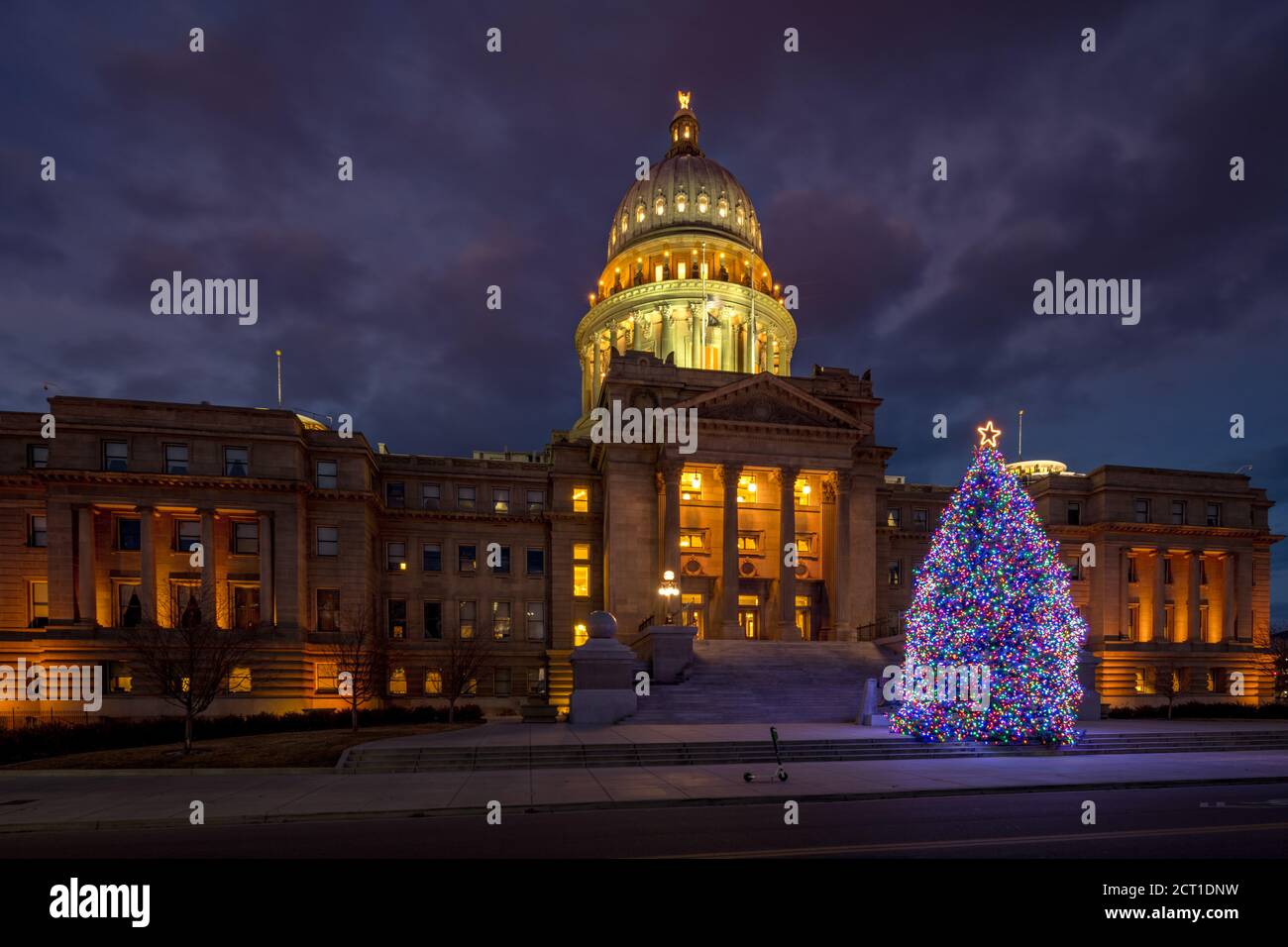 Night at the Idaho capital with a colorful Christmas tree Stock Photo