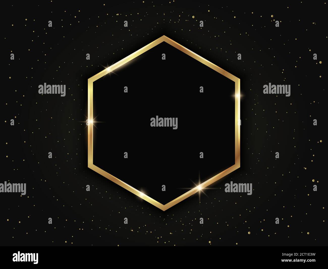 Gold hexagonal frame with particles. Geometric luxury template on dark background Stock Vector