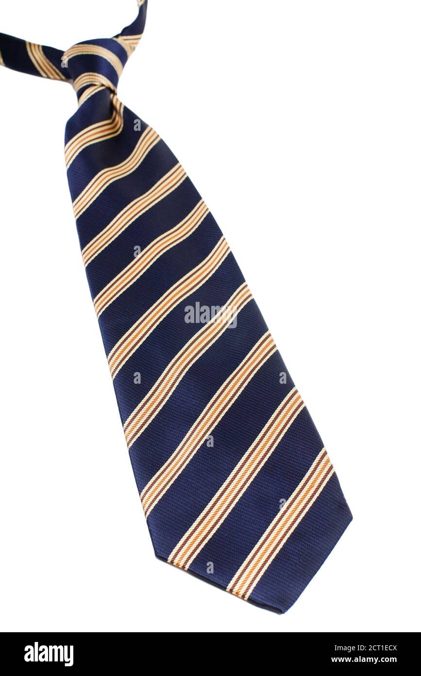 Blue tie with golden stripes with selective focus isolated on white Stock Photo