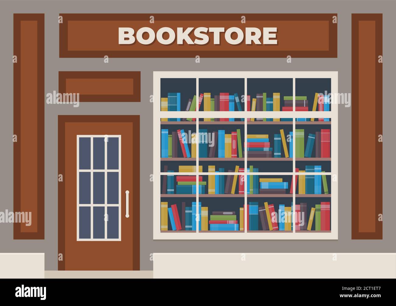 A bookstore with a sign over the entrance. Books in the shop window on the shelves. Street store. Vector illustration, flat style Stock Vector