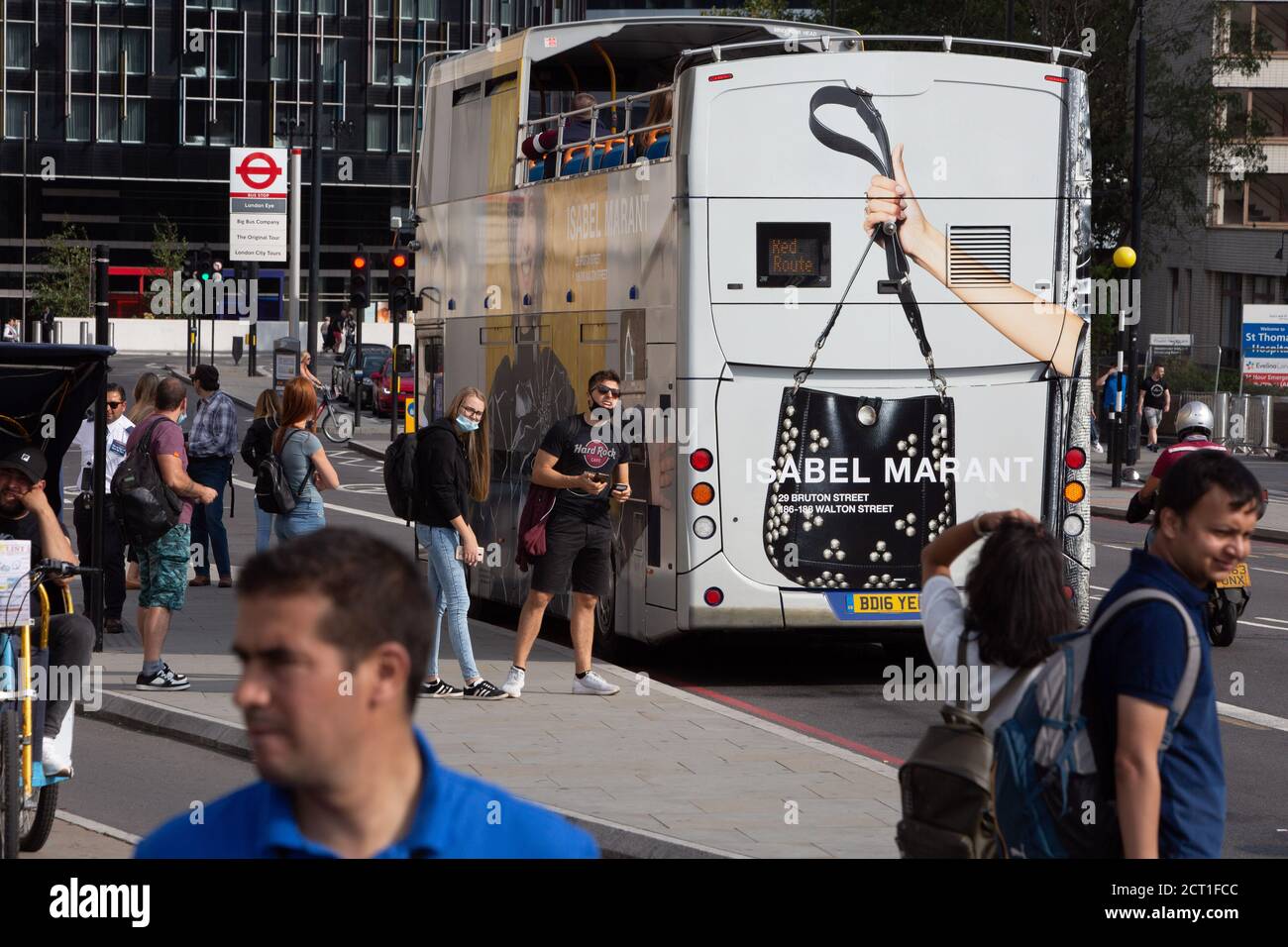 An ad for the luxury fashion and accesssory brand Isabel Marant, is on the  rear and side panels of a London tour bus with the Golden Tours company and  part of campaign