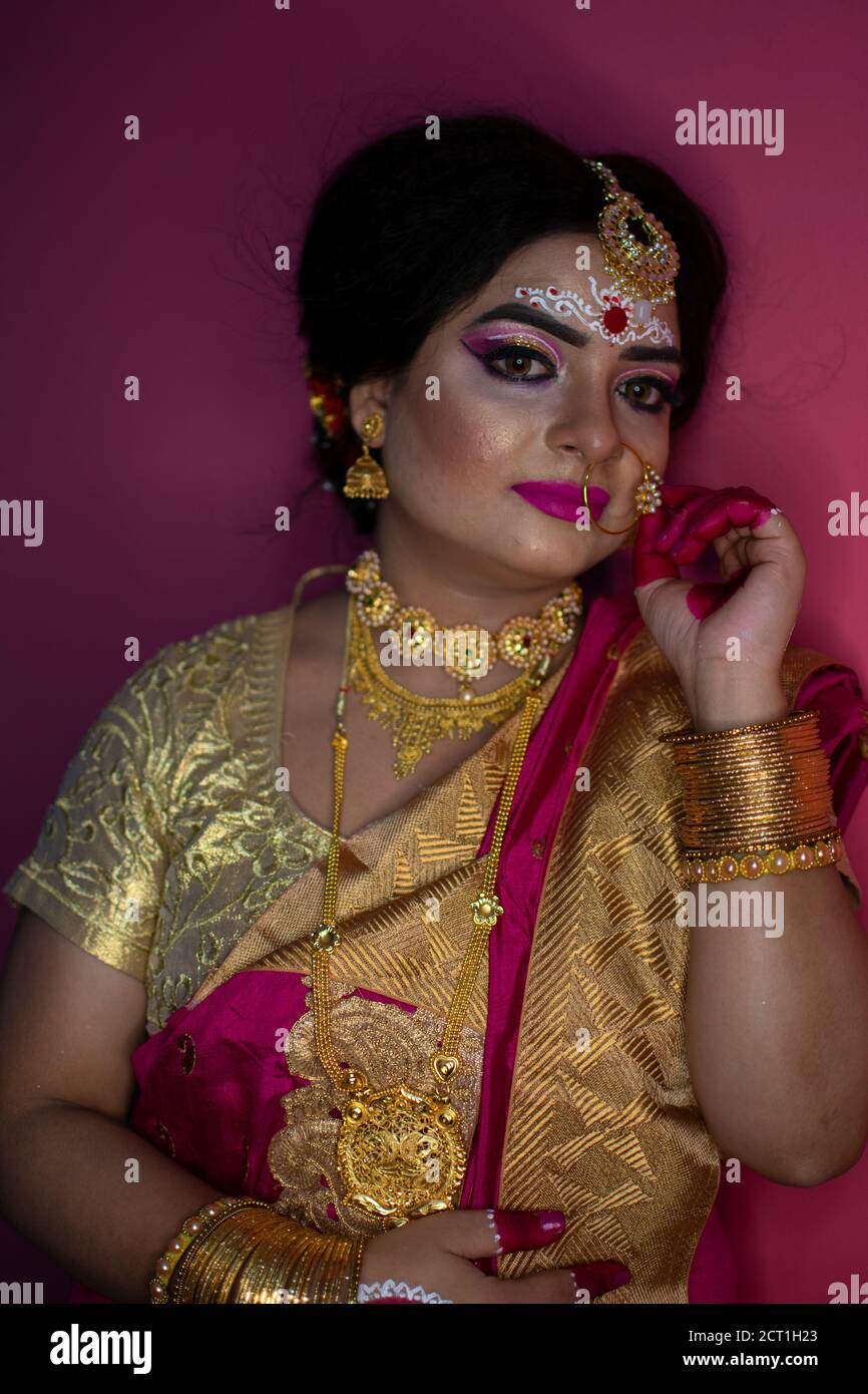 bridal portrait of indian lady wearing traditional saree and gold jewellery Stock Photo