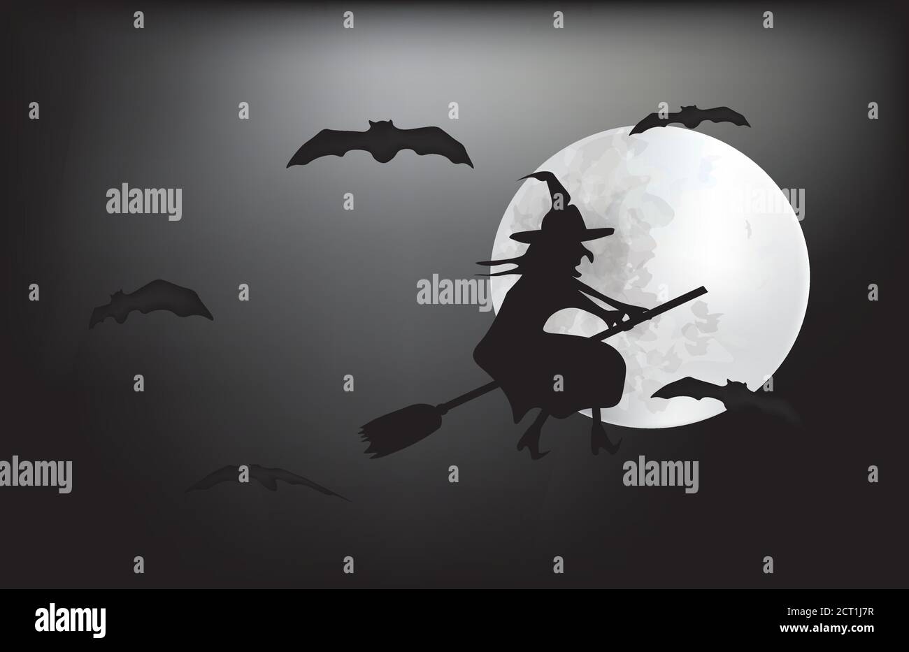 Witch flying on a broom on a full moon, vector illustration Stock Vector