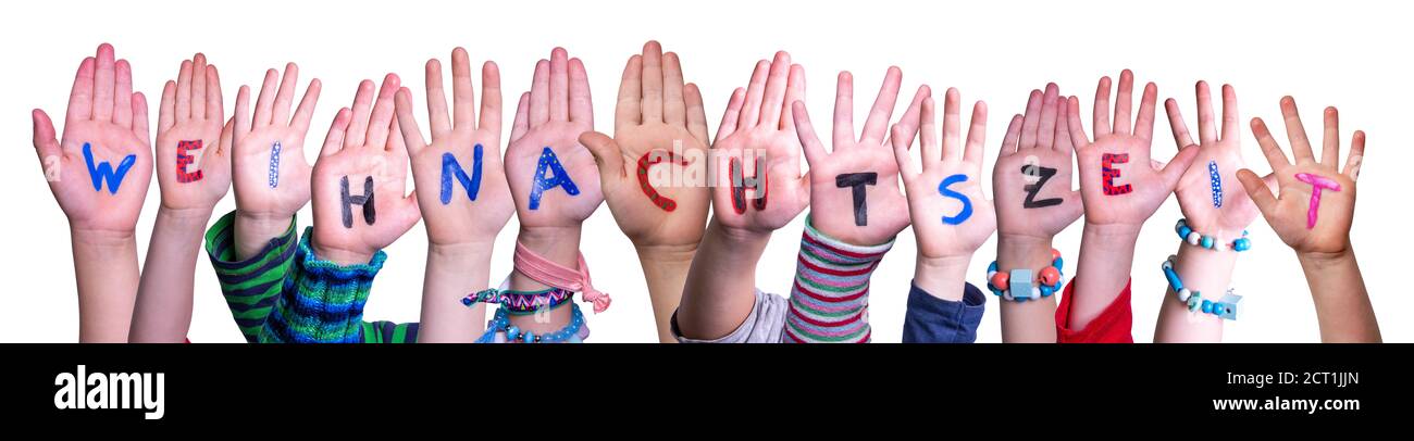 Children Hands Building Weihnachtszeit Means Christmas Time, Isolated Background Stock Photo
