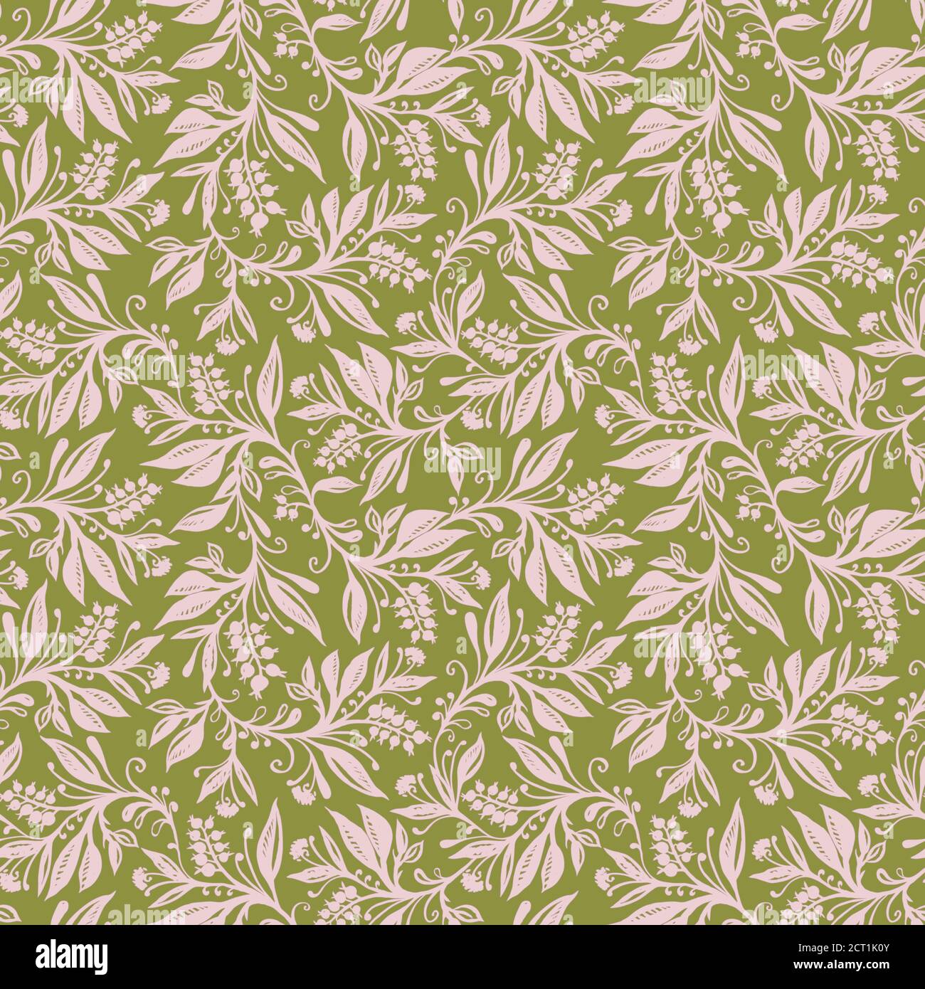 Floral seamless pattern with leaves and berries in chartreuse green ...