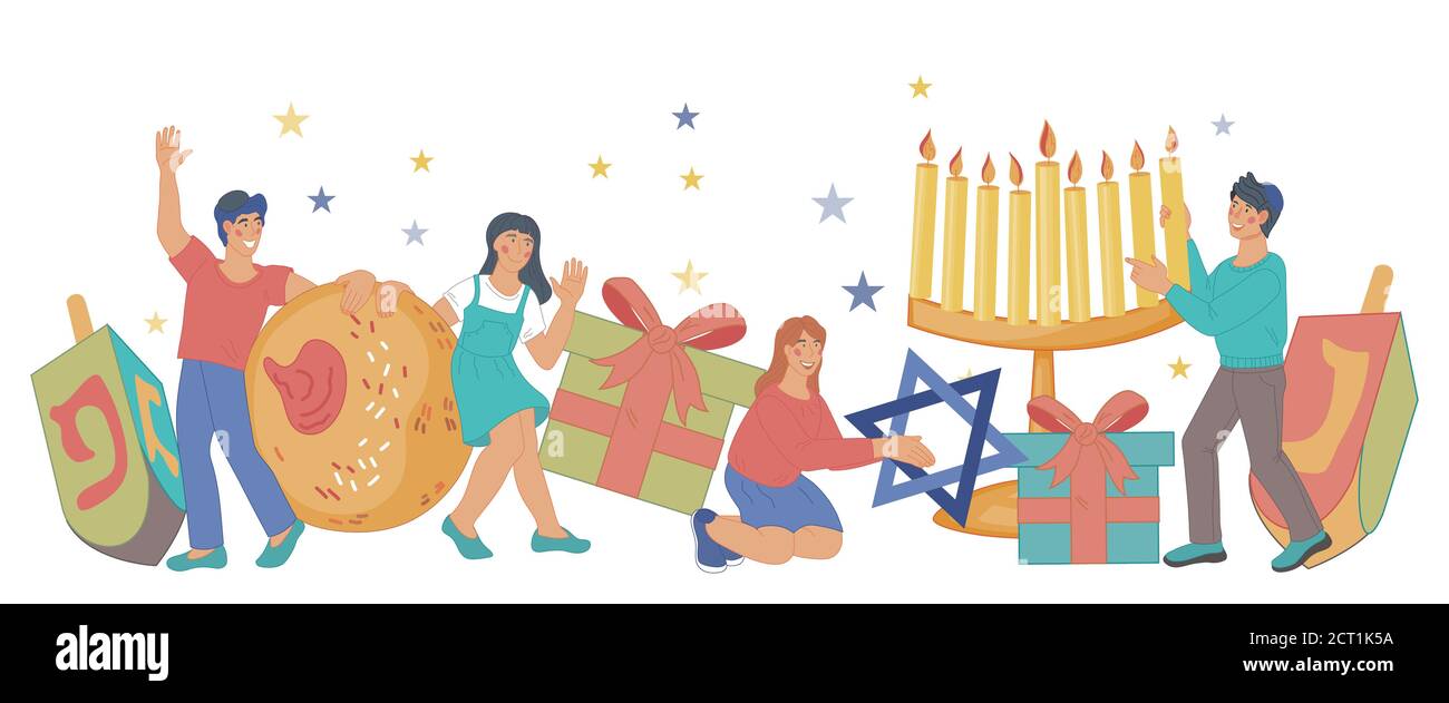 Children celebrating Hanukkah Jewish holiday, flat vector illustration on white. Stock Vector