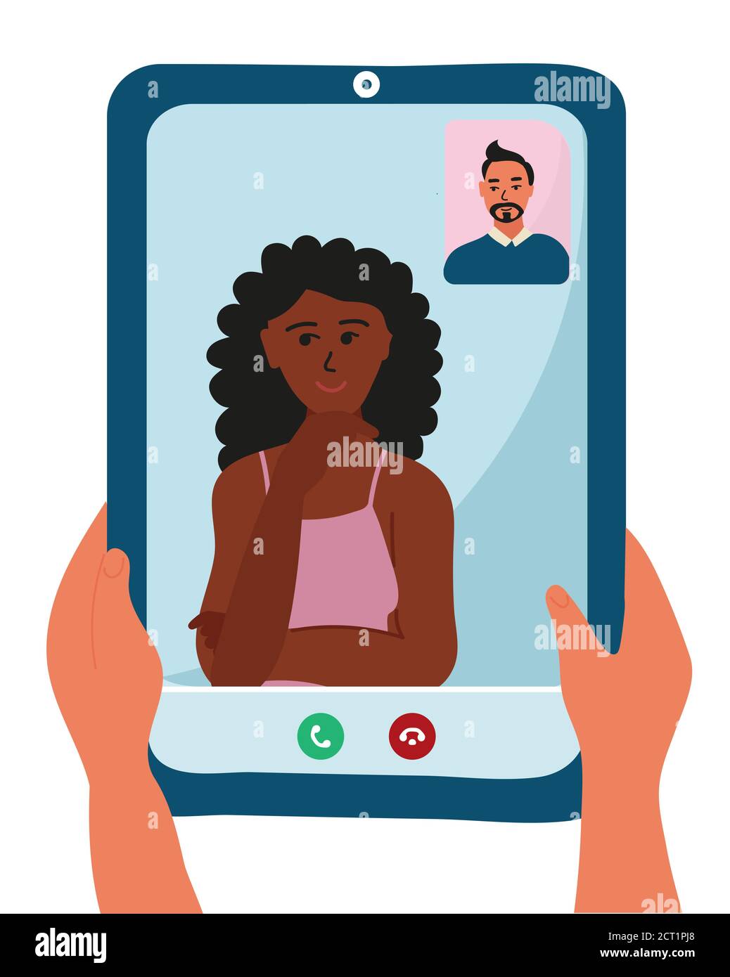 African black woman and caucasian man are on the tablet device screen. Hands holding smartphone with video call. girl with curly hair. vector Stock Vector