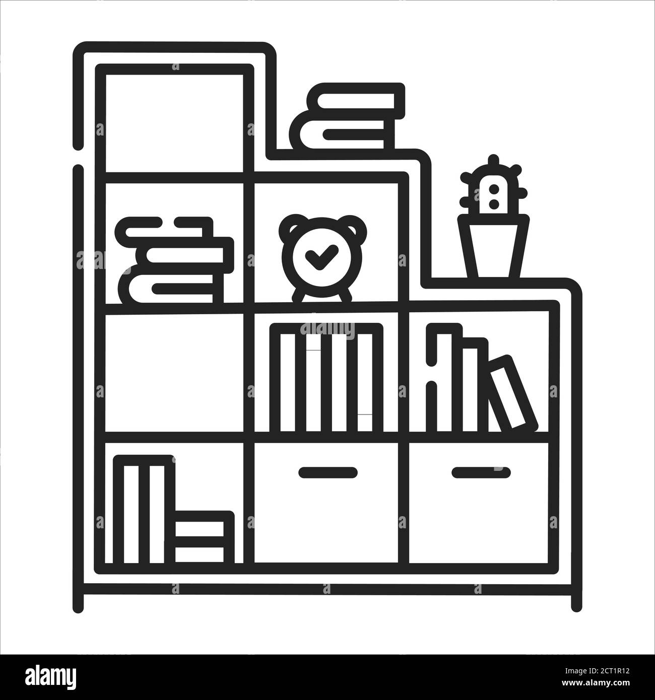 Bookshelf black line icon. Standing furniture with horizontal shelves, often in a cabinet, used to store books. Pictogram for web page, mobile app Stock Vector