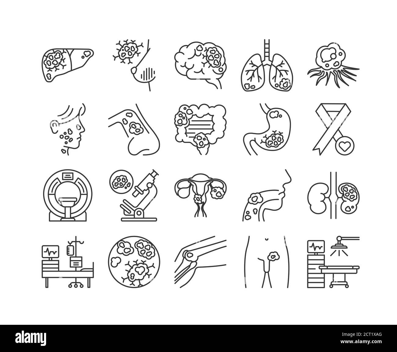Cancer different organs line black icons set. Oncology medical diagnostic concept. Malignant neoplasms. Stock Photo