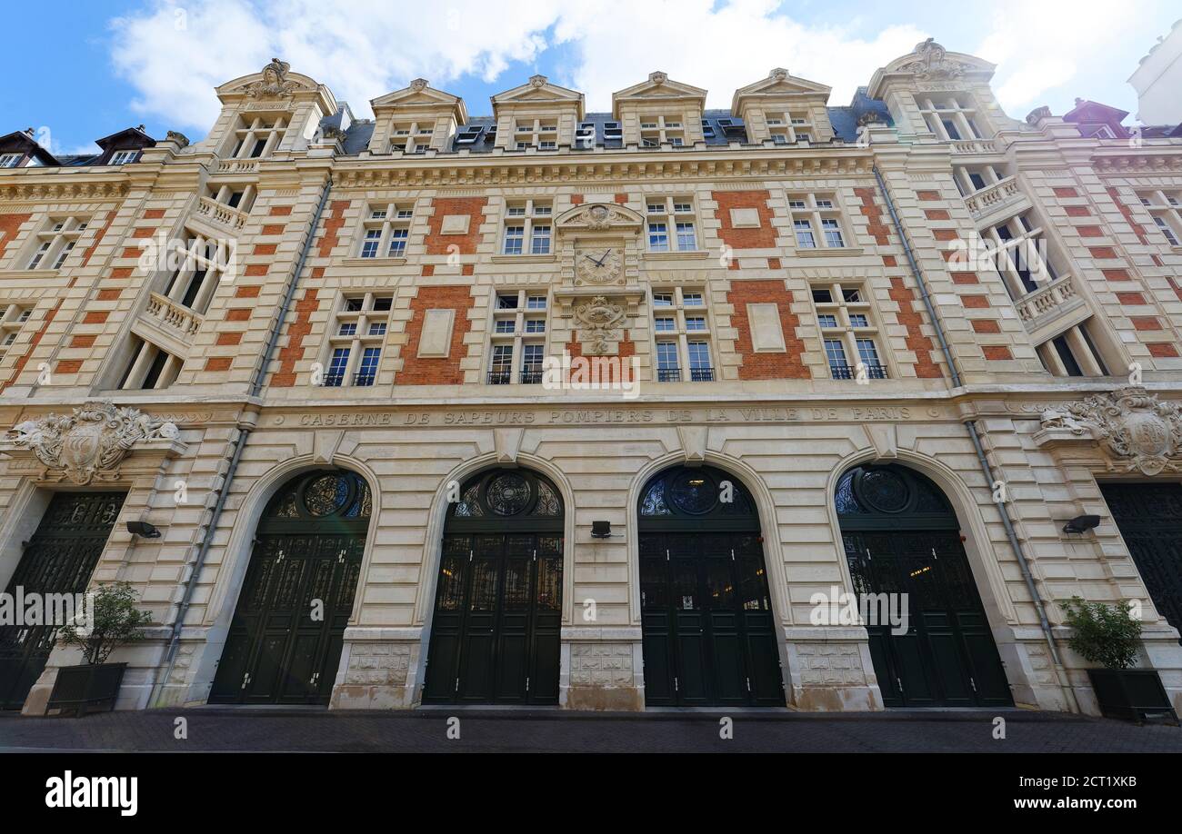 The historic building of Headquarters of the Paris Fire Brigade which is a French Army unit, serves as the primary fire and rescue service for Paris. Stock Photo