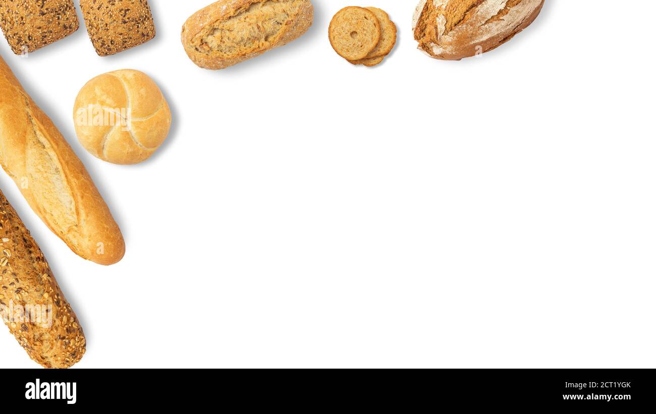 Isolated different kinds of bread on a white background. Photo of