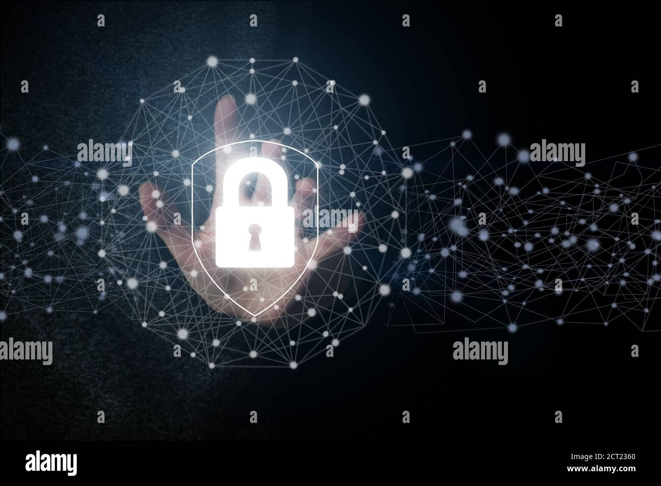 Hand touching the shield protection icon, the concept of cybersecurity ...