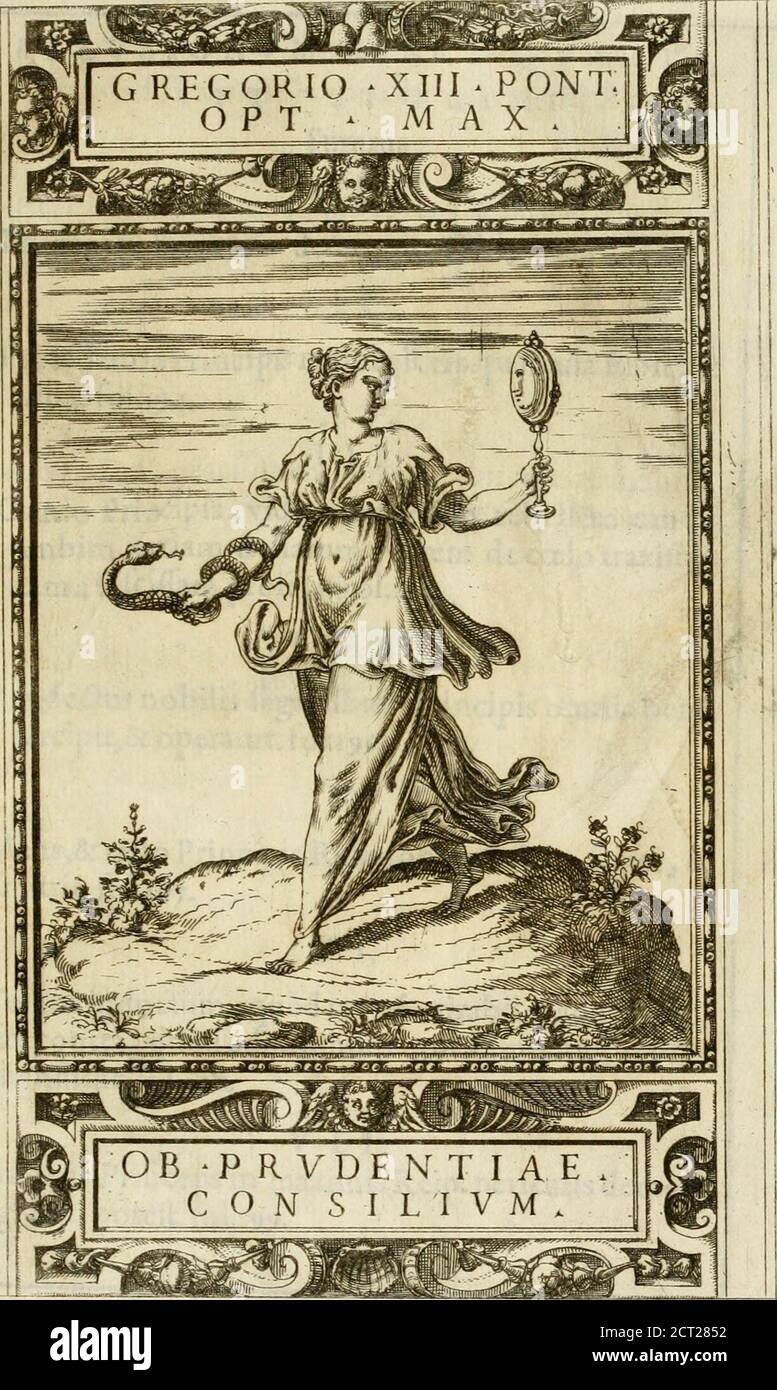 . Delle allvsioni, imprese, et emblemi del Sig. Principio Fabricii da Teramo sopra la vita, opere, et attioni di Gregorio XIII pontefice massimo, libri VI : nei quali sotto l'allegoria del drago, arme del detto pontefice, si descriue anco la uera forma d'un principe Christiano .. . PRVD E N T lA TITVLVS K isp. Stock Photo