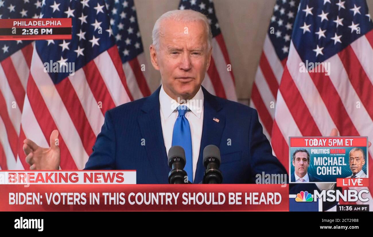 Philadelphia, Minnesota, USA. 20th Sep, 2020. Screen grab of MSNBC's coverage of Vice President JOE BIDEN speaking at the National Constitution Center about the US Supreme Court seat left open by the death on Friday of Justice Ruth Bader Ginsburg. Credit: Msnbc/ZUMA Wire/Alamy Live News Stock Photo