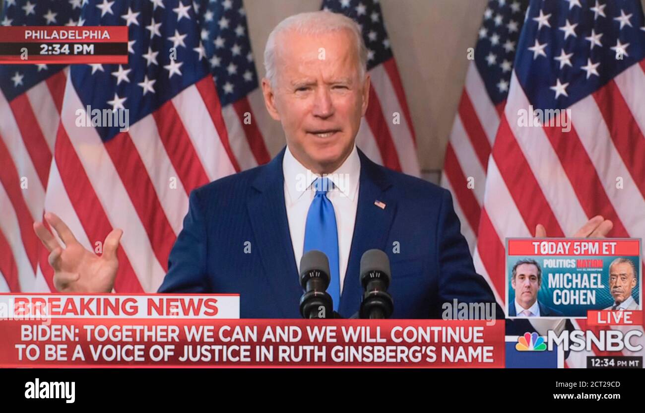 Philadelphia, Minnesota, USA. 20th Sep, 2020. Screen grab of MSNBC's coverage of Vice President JOE BIDEN speaking at the National Constitution Center about the US Supreme Court seat left open by the death on Friday of Justice Ruth Bader Ginsburg. Credit: Msnbc/ZUMA Wire/Alamy Live News Stock Photo