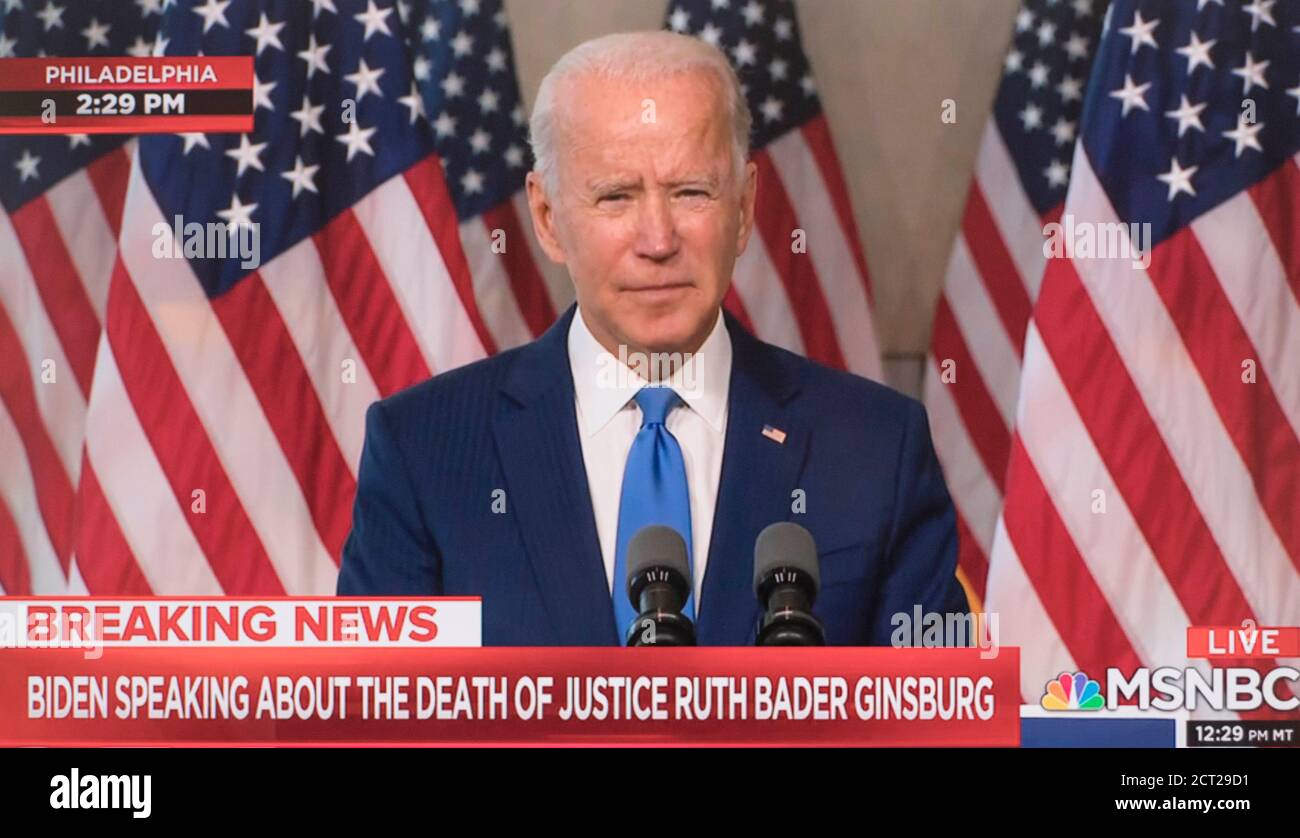 Philadelphia, Minnesota, USA. 20th Sep, 2020. Screen grab of MSNBC's coverage of Vice President JOE BIDEN speaking at the National Constitution Center about the US Supreme Court seat left open by the death on Friday of Justice Ruth Bader Ginsburg. Credit: Msnbc/ZUMA Wire/Alamy Live News Stock Photo
