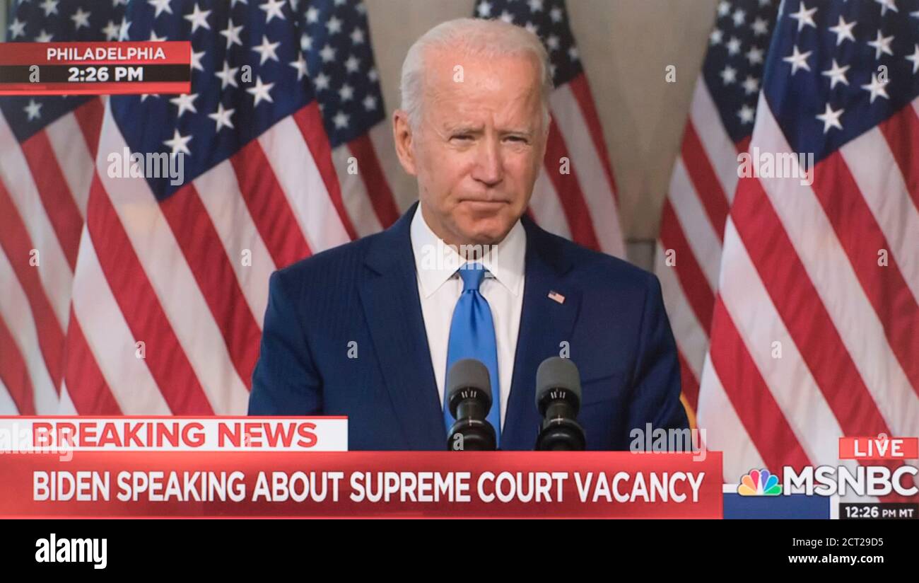 Philadelphia, Minnesota, USA. 20th Sep, 2020. Screen grab of MSNBC's coverage of Vice President JOE BIDEN speaking at the National Constitution Center about the US Supreme Court seat left open by the death on Friday of Justice Ruth Bader Ginsburg. Credit: Msnbc/ZUMA Wire/Alamy Live News Stock Photo