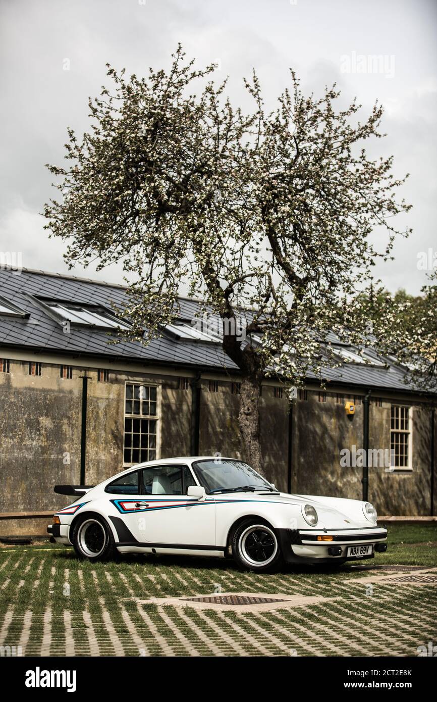 A Porsche 911 (930) Turbo Martini Championship Edition on display at the Bicester Heritage Sunday Scramble. Stock Photo