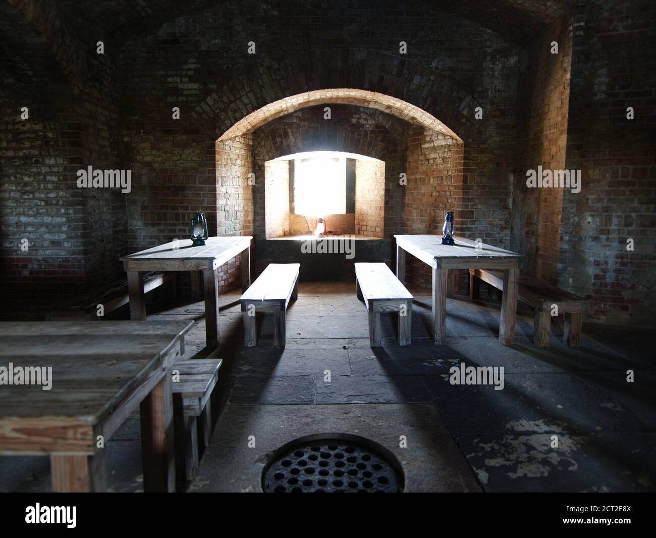 Archival view of room with tables at Fort Zachary Taylor State Park in Key West Florida. Stock Photo