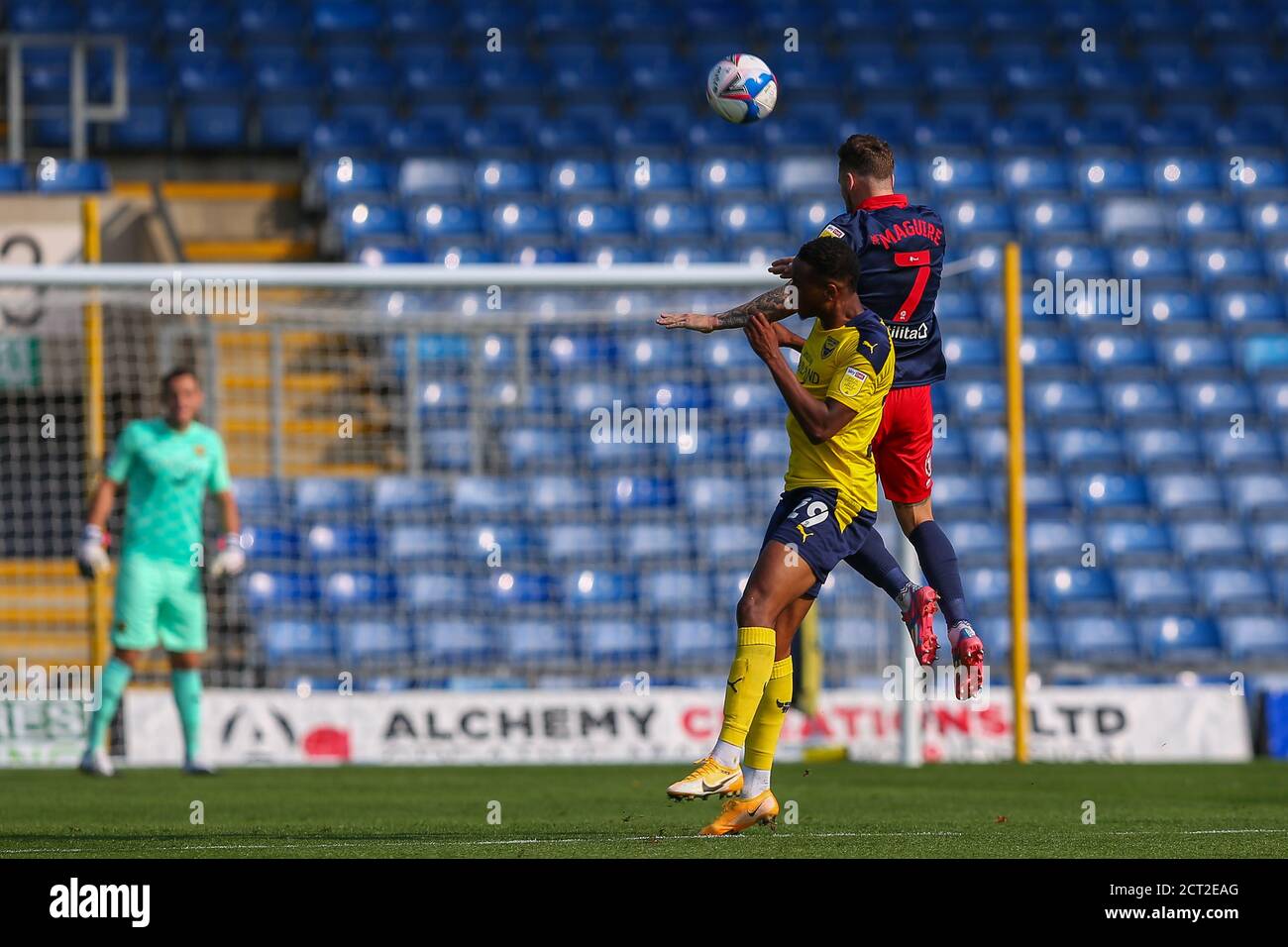 Oxford, UK. 19th Sep, 2020. Derick Osei Yaw of Oxford United and Chris Maguire of Sunderland compete in the air during the Sky Bet League 1 behind closed doors match between Oxford United and Sunderland at the Kassam Stadium, Oxford, England on 19 September 2020. Photo by Nick Browning/PRiME Media Images. Credit: PRiME Media Images/Alamy Live News Stock Photo