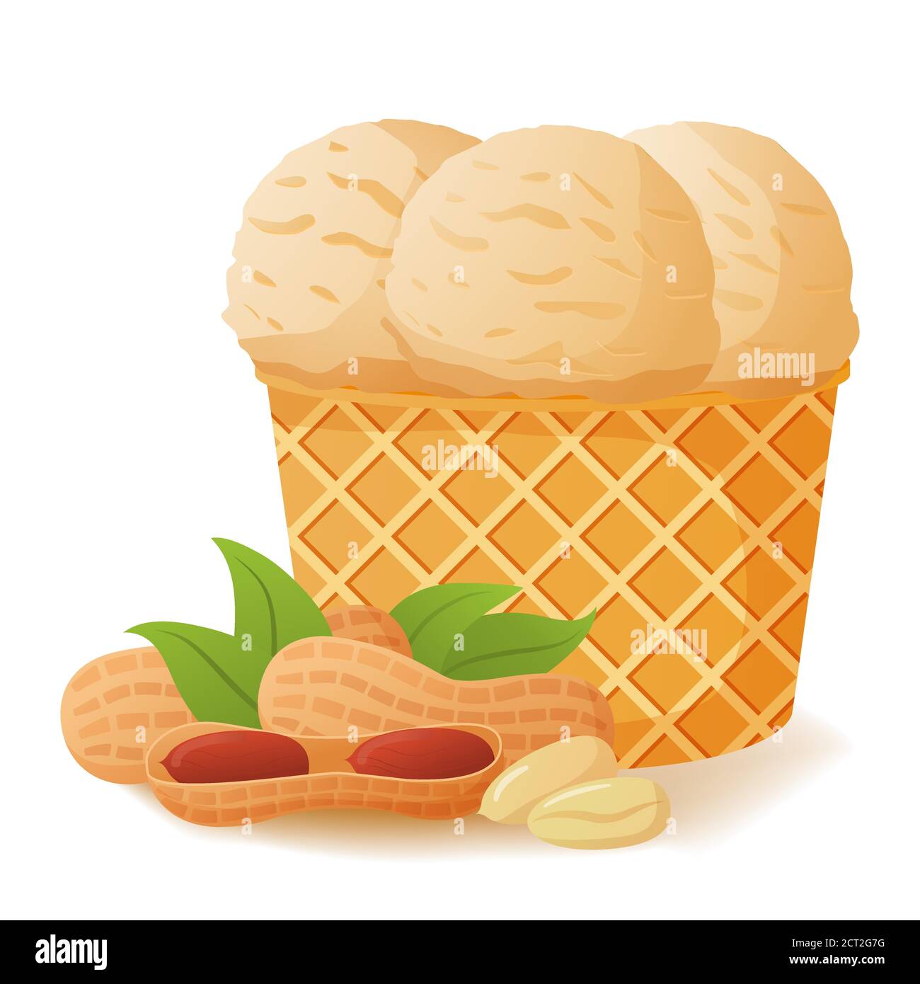 Nut ice cream peanut in waffle cones. Realistic illustration vector. Stock Vector