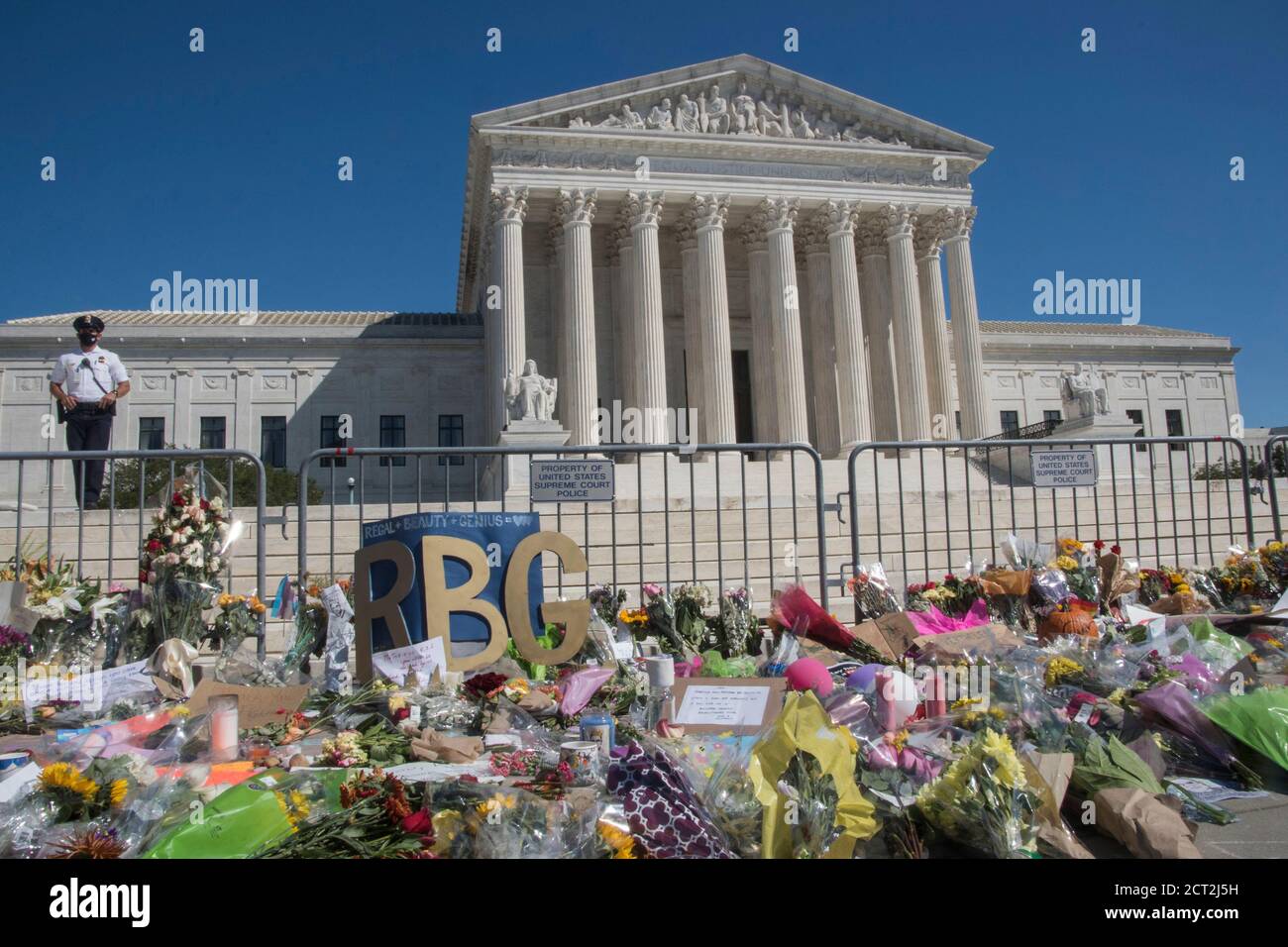 Washington DC,September 20 2020 USA: An overpowering scent of flowers fills the air at the Supreme Court building in Washington DC, where thousands of Stock Photo