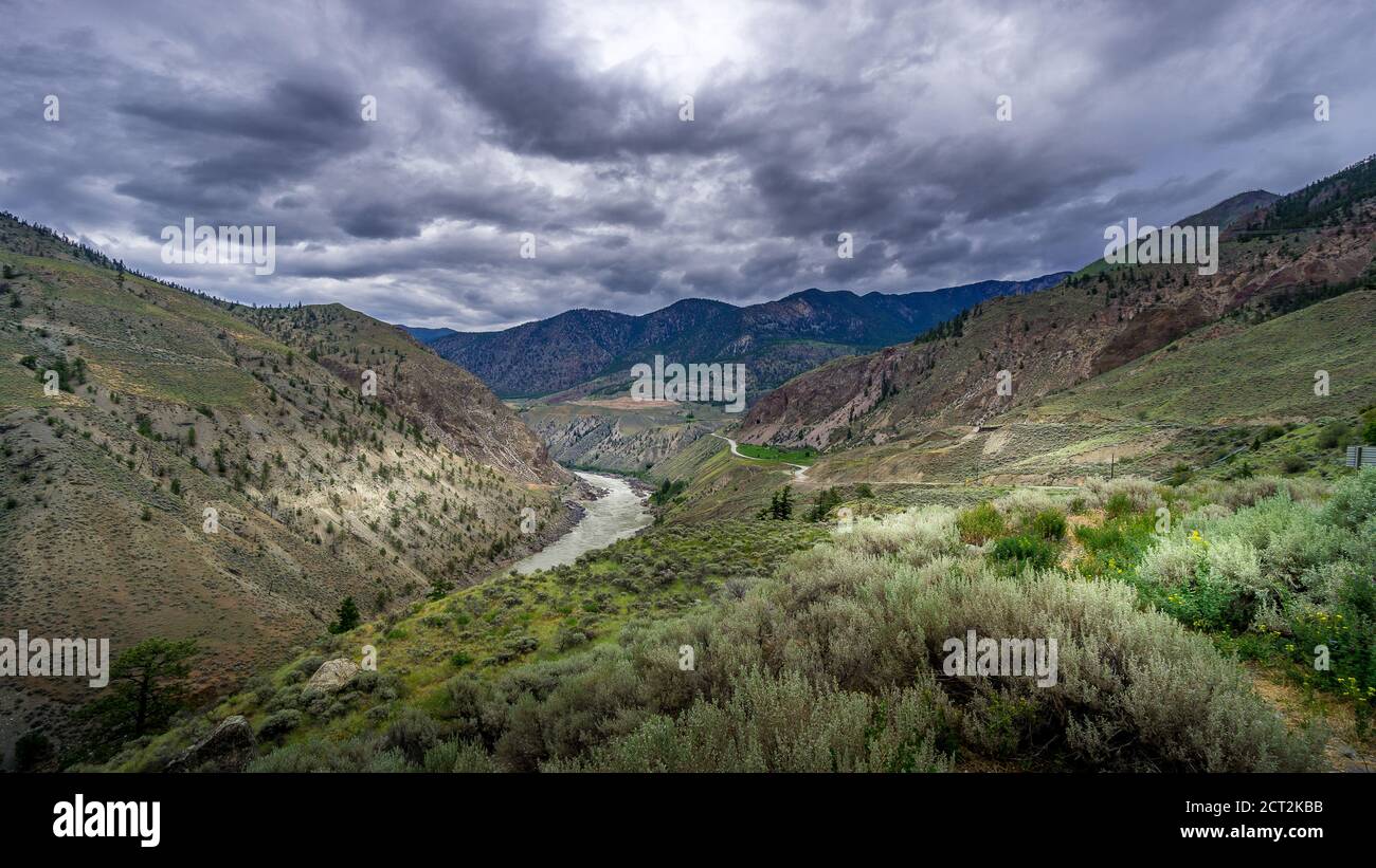 Bad weather hanging over th e Fraser Canyon and Highway 99 near Lillooet in British Columbia, Canada Stock Photo