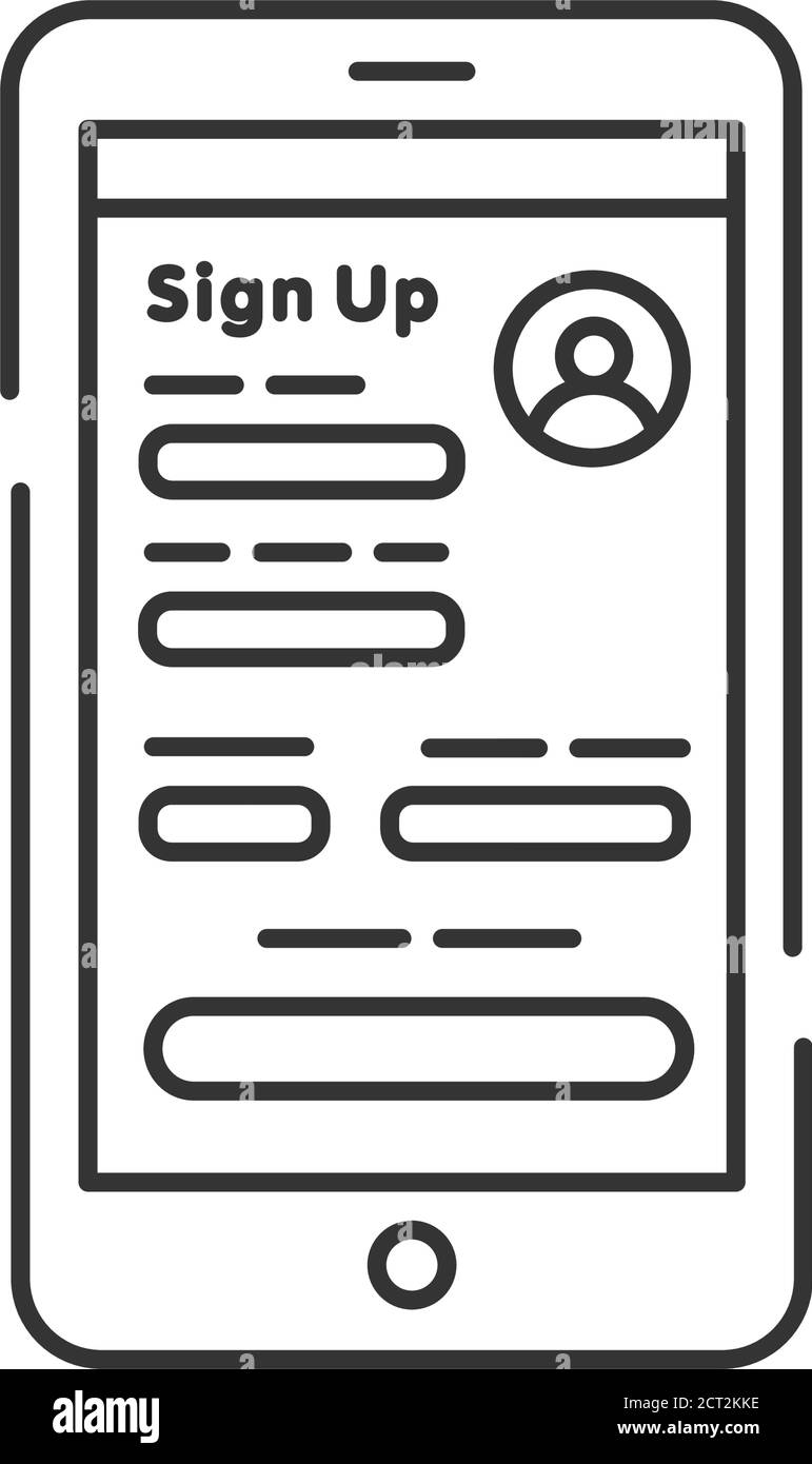 Register on smartphone line black icon. Create account. Online registration on site dating. Stock Vector