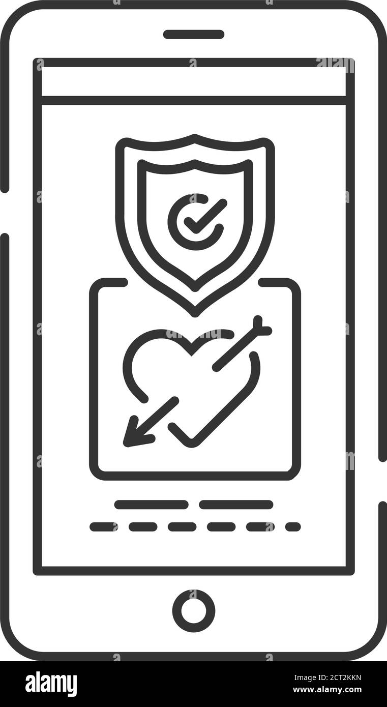 Dating safety on smartphone screen black line icon. Personal data security concept. Sign for web page, mobile app. Stock Vector