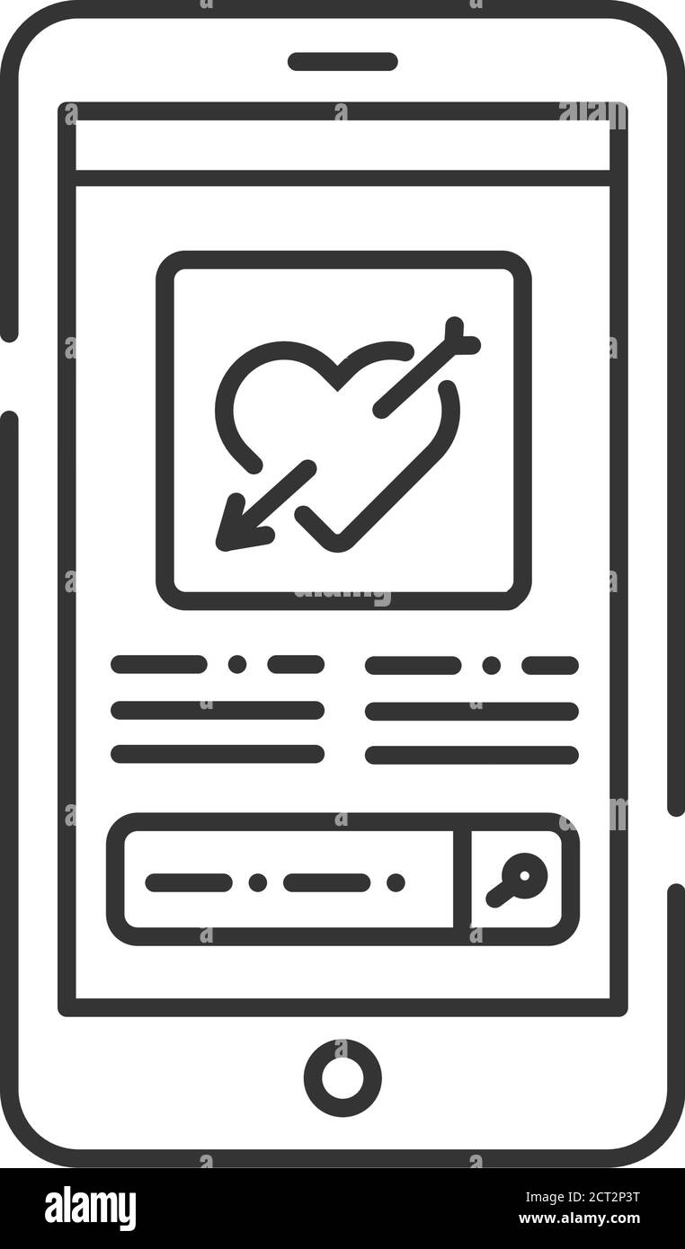 Dating web site smartphone screen black line icon. Virtual dating. Sign for web page, mobile app. Stock Vector
