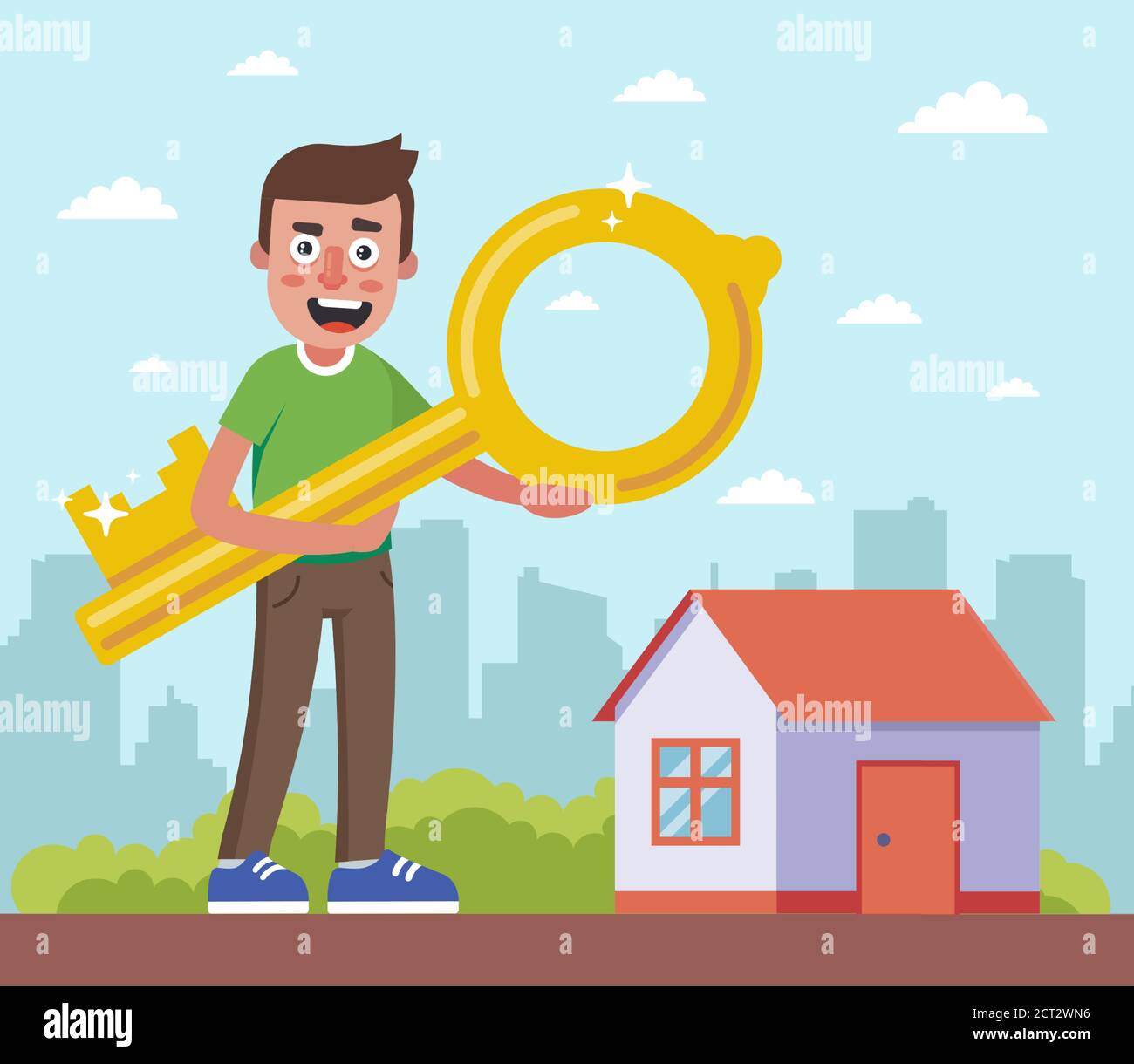 a man holding a key to his house in the background of the city. flat vector character illustration Stock Vector