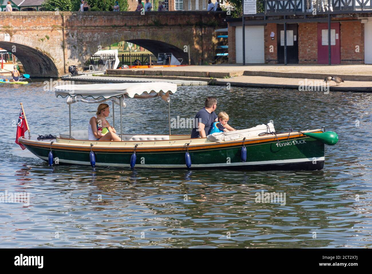 Family on motor boat on River Avon, Stratford-upon-Avon, Warwickshire, England, United Kingdom Stock Photo